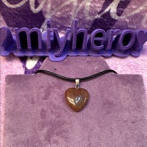 Brown Polished Stone Crystal Heart Pendant with Faux Leather Necklace